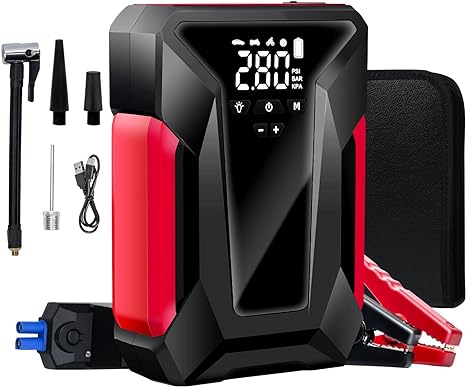 Car Jump Starter, 4000A Peak Car Battery Charger with Air Compressor, 12V Jump Box for Car Battery (up to 10L Gas or 8.5L Diesel) with Emergency LED Light, Power Bank, Leather Storage Bag (Upgraded)