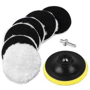 4 Inch Wool Polishing Buffing Pad, 6 Pcs Wool Cutting Pads, Wool Buffing Polishing Pad, Car Buffer Polisher Pads Kit, Wool Buffing Polisher Wheel, with M10 Drill Adapter & Hook and Loop Back