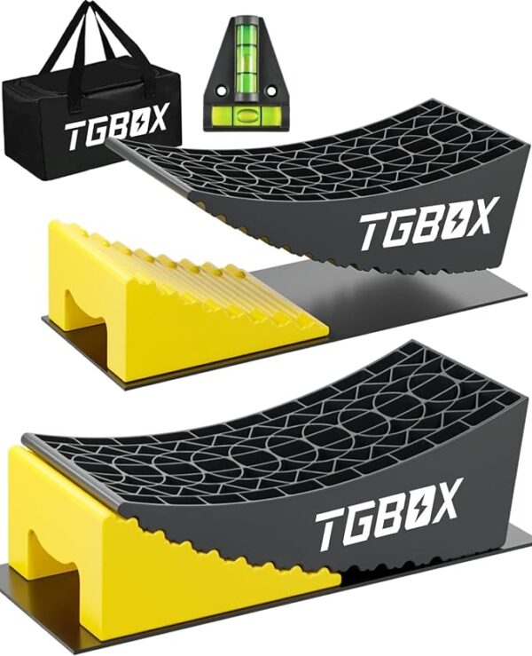 TGBOX RV Leveling Blocks Ramp Kit, 2 Packs Camper Leveler System for Travel with Two Chocks, 2 Anti-Slip Mats, 1T Bubble Level and Carry Bag, Up to 35000 LBS, Easier & Faster to Level Camper-Yellow