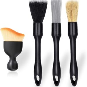 4 PCS Car Detailing Brush Set for Cleaning Interior or Exterior, Boars Bristle Detailing Brushes, Dusting Cleaning Supplies, Tool for Emblem, Air Vents, Wheels, Leather Upholstery Seat