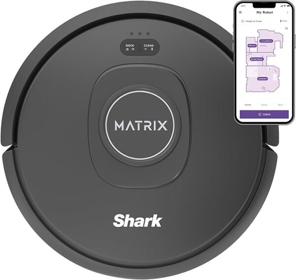 Shark RV2310 Matrix Robot Vacuum with Self-Cleaning Brushroll for Pet Hair, No Spots Missed on Carpets and Hard Floors, Precision Home Mapping, Wi-Fi Black/Silver, 0.5 Quarts