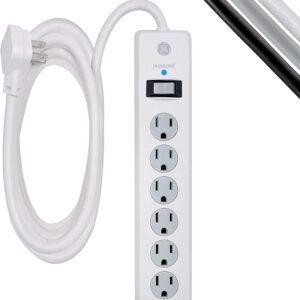 GE 6-Outlet Surge Protector, 10 Ft Extension Cord, Power Strip, 800 Joules, Flat Plug, Twist-to-Close Safety Covers, UL Listed, White, 14092