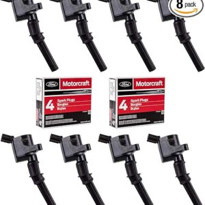 MAS Ignition Coil DG508 & Motorcraft Spark Plug SP479 compatible with Ford 4.6L 5.4L V8 DG457 DG472 DG491 CROWN VICTORIA EXPEDITION F-150 F-250 MUSTANG LINCOLN MERCURY EXPLORER (Set of 8)