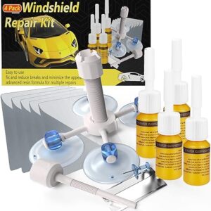 Windshield Crack Repair Kit, Glass Repair Fluid 4 Pcs Car Glass Repair Kit, Windshield Repair Kit, Cracks Gone Glass Repair Kit Automotive Quick Fix for Chips, Cracks, Star-Shaped, Bulls-Eye