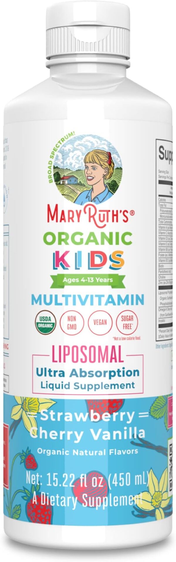 MaryRuth Organics Vitamin Liquid for Kids | Liposomal | Immune Support for Ages 4+ | USDA | Sugar-Free | Non-GMO | Multivitamin 15.22 Fl Oz