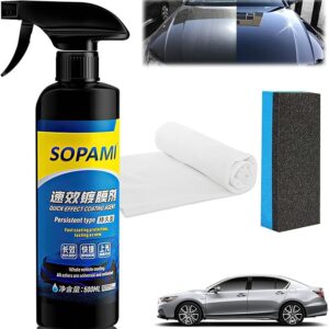 Sopami Car Coating Spray,Sopami Quick Effect Coating Agent,Sopami Quickly Coat Car Wax,Sopami Car Scratch Wax Polish Spray Waterless Wash,Sopami Oil Film Emulsion Glass Cleaner (1PC+Sponge+Cloth)