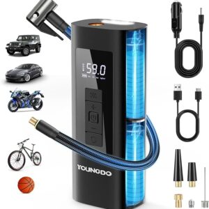 YOUNGDO Tire Inflator Portable Air Compressor 150 PSI & 6000mAh Air Pump Tire Inflator with Pressure Gauge Quick Inflation for Car,Motorcycle,Bike,Balls, Rechargeable Via USB-C as Torch and Power Bank