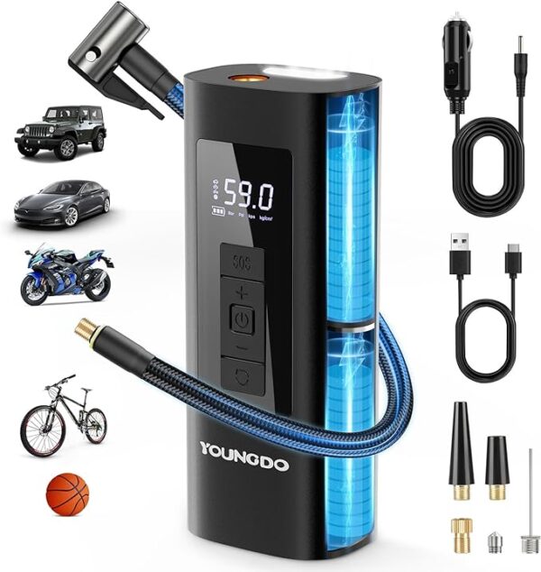YOUNGDO Tire Inflator Portable Air Compressor 150 PSI & 6000mAh Air Pump Tire Inflator with Pressure Gauge Quick Inflation for Car,Motorcycle,Bike,Balls, Rechargeable Via USB-C as Torch and Power Bank