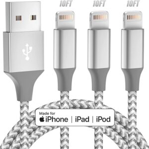 iPhone Charger 3pack 10FT Apple MFi Certified Long Lightning Cable Fast Charging High Speed Data Sync USB Cable Compatible iPhone 14 13/12/11 Pro Max/XS MAX/XR/XS/X/8/7/Plus/6S (Grey White)