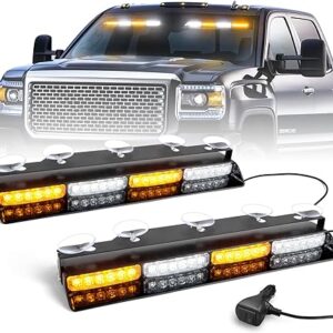 6Z4J Emergency Dash Strobe Lights: 2x16.8 inch Amber White Safety Lights, 48 LED Flashing Warning Hazard Interior Windshield Visor Traffic Light Bars for Trucks, Construction Vehicles