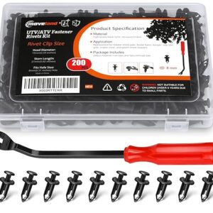 moveland 200PCS 8mm UTV ATV Fender Push Clips with Fastener Removal Tool, Nylon Body Rivets Fasteners Clips Compatible with Polaris Ranger RZR Can Am Kawasaki Teryx Honda Suzuki Sportsman