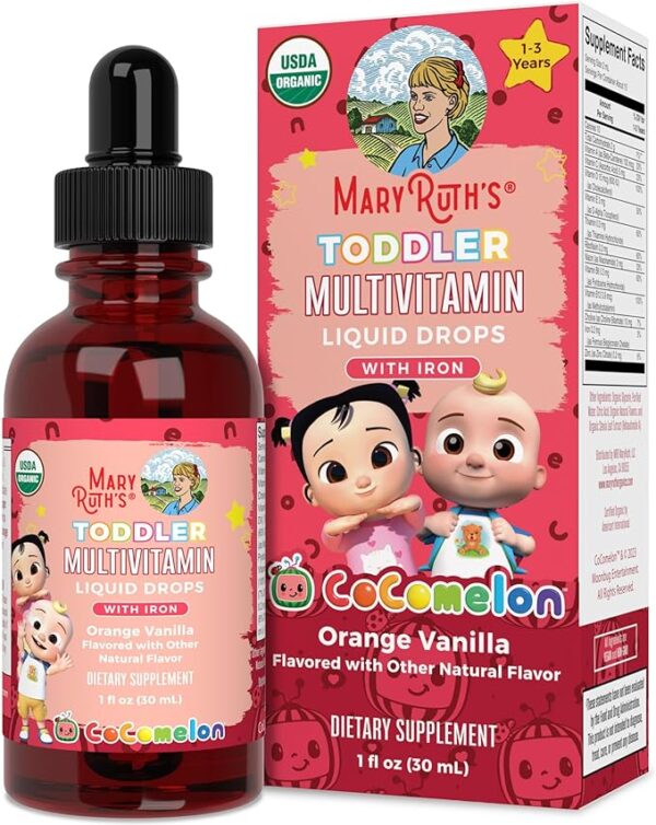 MaryRuth Organics CoComelon Toddler Kids Multivitamin with Iron | Immune Support | Toddler Vitamins | USDA Organic | Sugar Free | Multivitamin Liquid Drops for Kids Ages 1-3 | Vegan | 1 Fl Oz